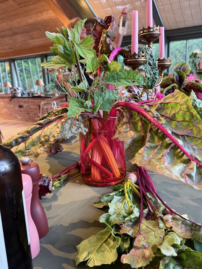 Rainbow chard from the kitchen garden arranged down a dining table
