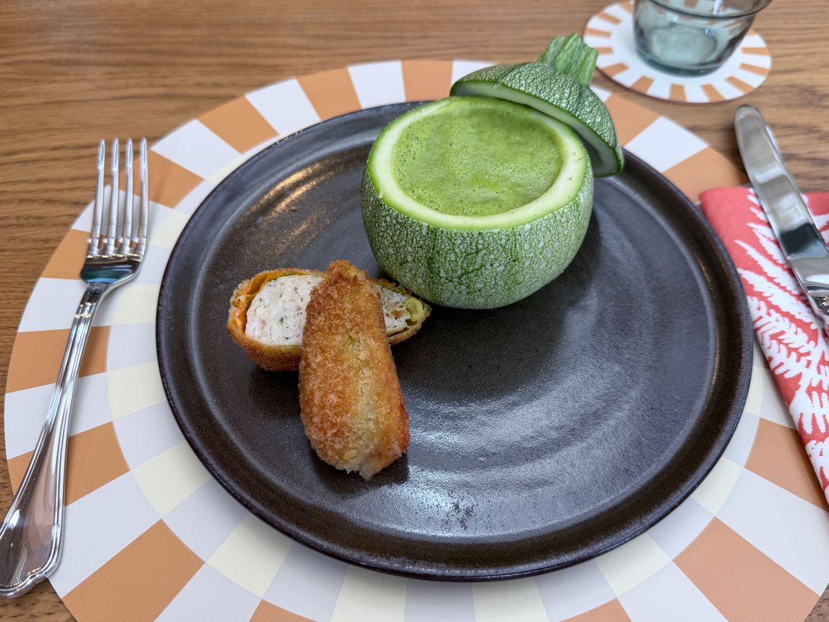 Chilled courgette soup served in a hollowed courgette